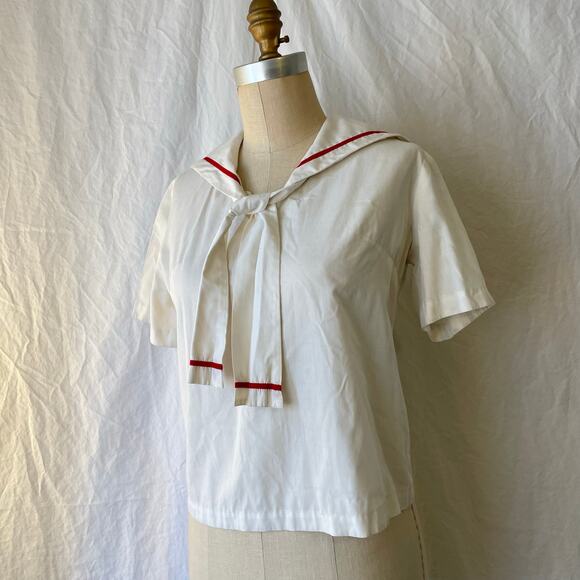 Vintage Tops - Vtg 60s Sailor Collar High School Club Embroidered Tri-Kette Uniform Cotton Top